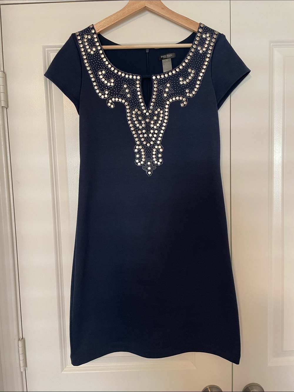 Bisou Bisou size 6 Navy  Dress with Beaded Neckline